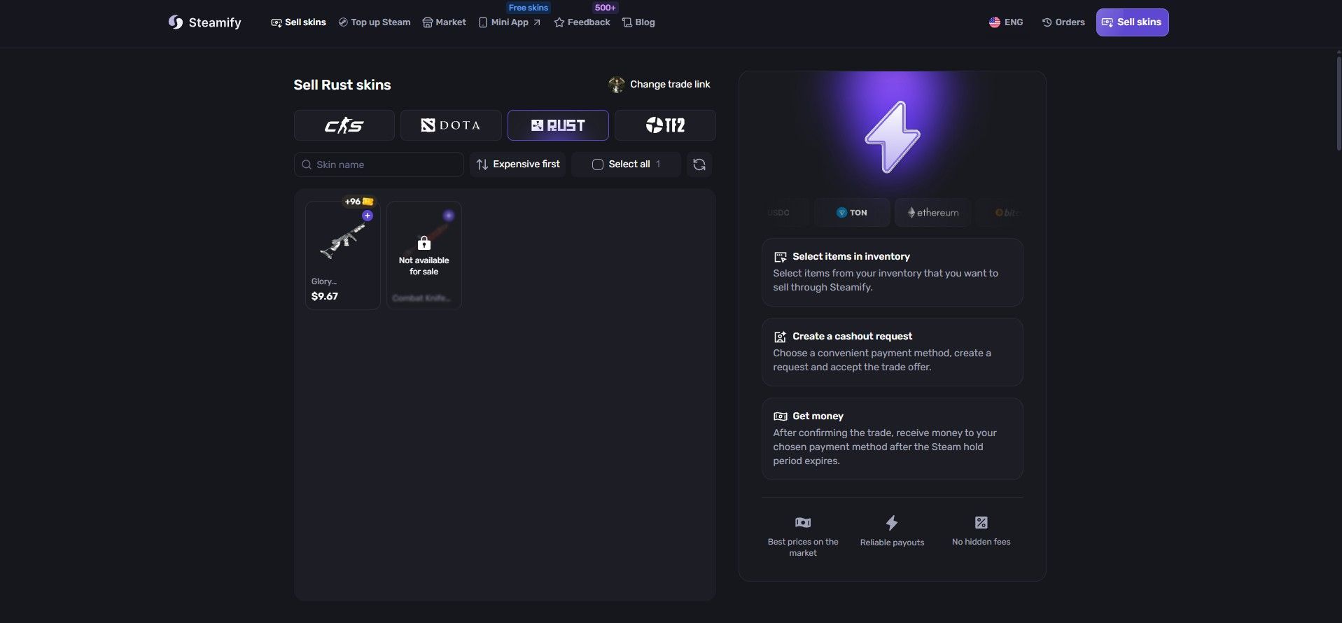 Sell Rust skins with instant payouts | Steamify